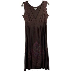 Sweetees Women's Babydoll Dress Size Large Brown Embroidered V Neck Sleeveless